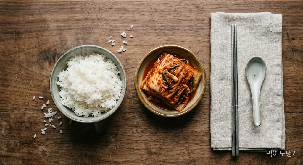 밥과 김치, 수저가 놓인 소박한 한식 상차림 사진